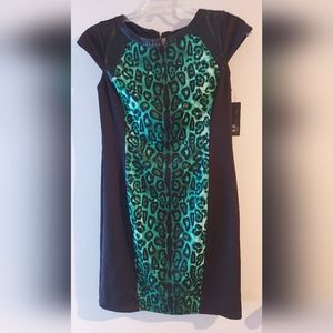 AGB black & green dress with faux leather detail, size 6, NWT